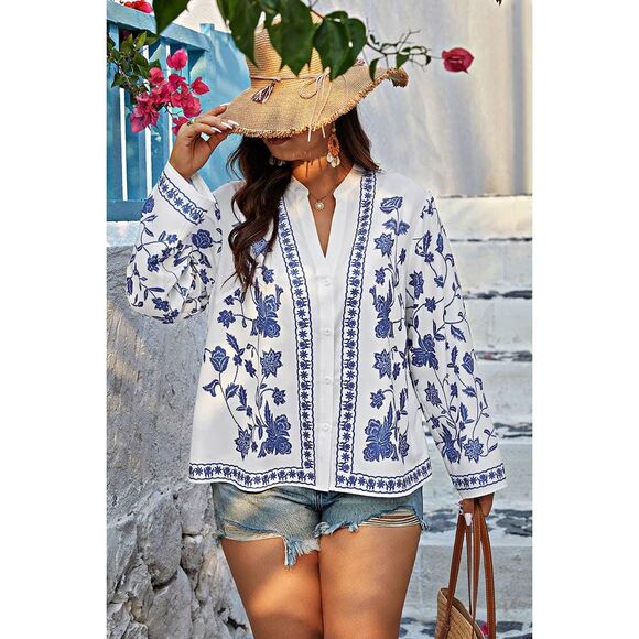 Plus Size V Neck Floral Printed Blouse Royal Blue & White Top Sizes - Picture 1 of 4